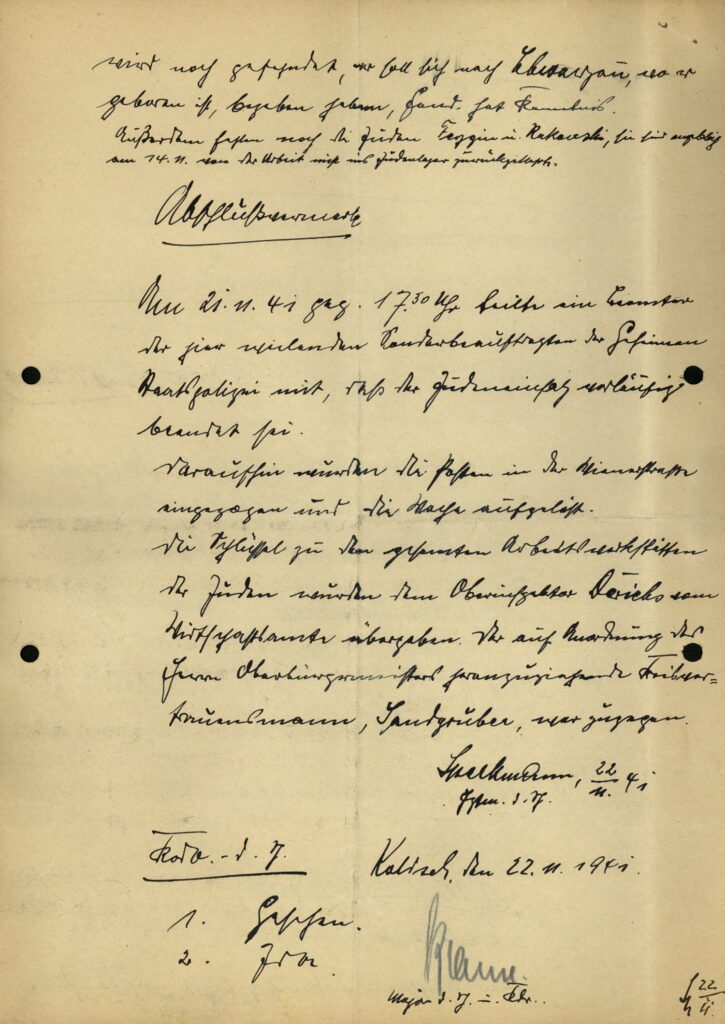 Memo of Hauptmann Speckmann from police Kalisch / Kalisz on Sonderkommando Lange dated 22 November 1941