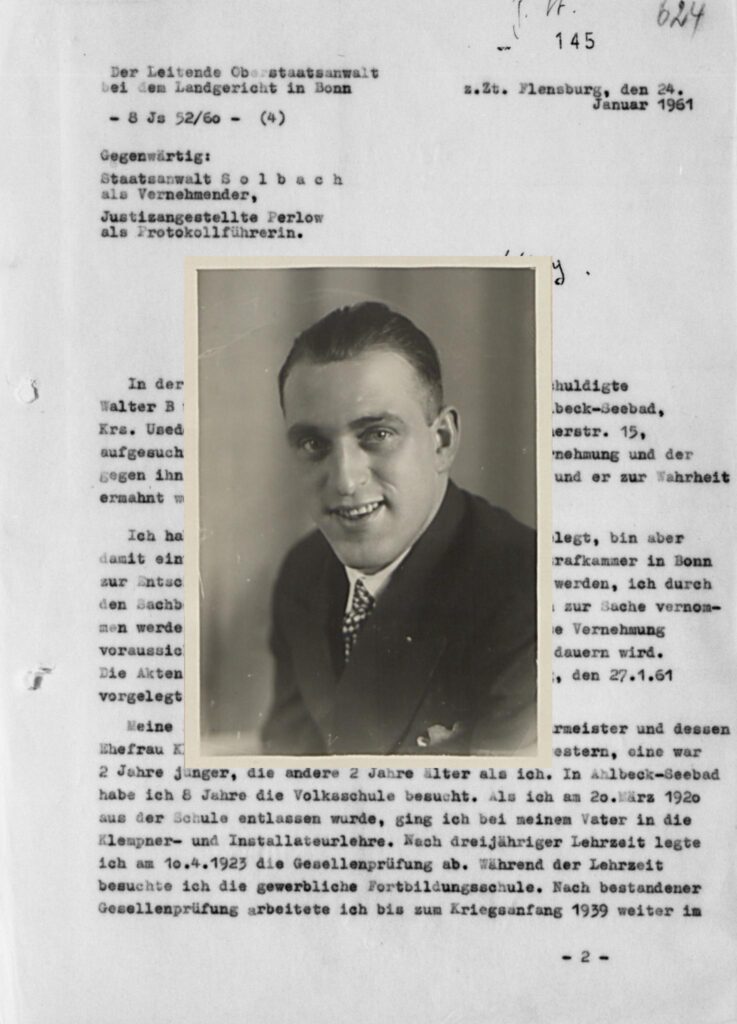 1st page of interrogation of Walter Burmeister on Kulmhof / Chelmno Extermination Camp 