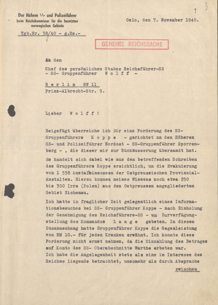 Letter from Wilhelm Rediess to Karl Wolff of 7 November 1940 on Sonderkommando Lange in Soldau