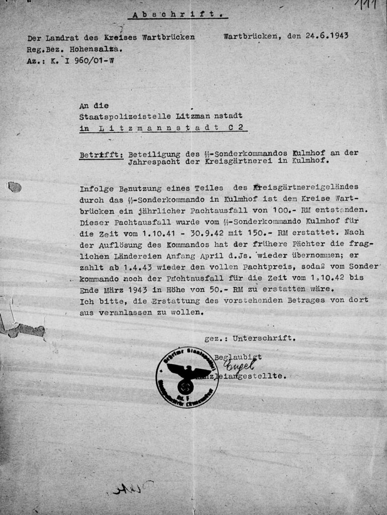 Letter from Landrat Warthbrücken to Gestapo Lodz of June 24, 1943