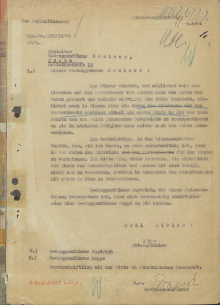 Letter by Himmler of September 18, 1941 on the deportation of German Jews to the Litzmannstadt Ghetto