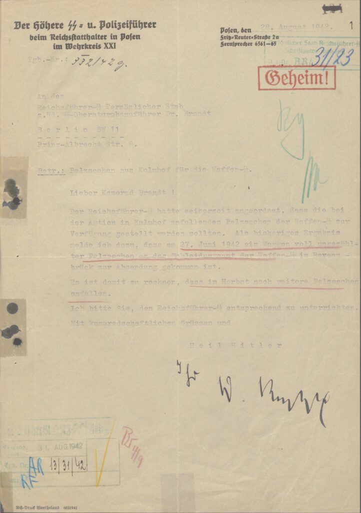 Koppe to Brandt of 28 August 1942 on Furs from Chelmno Kulmhof extermination camp