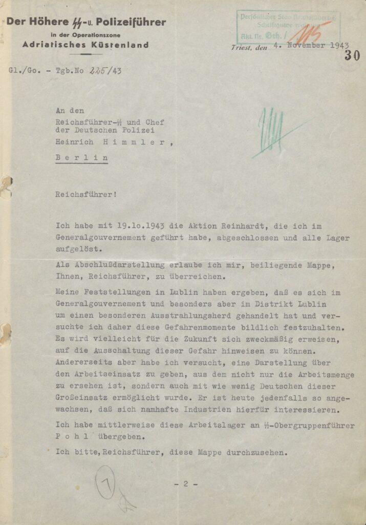 Letter from Globocnik to Himmler of November 4, 1943