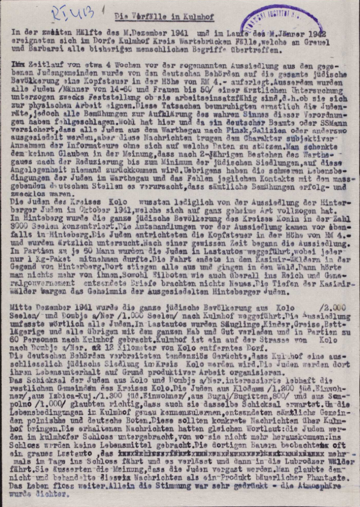 Report "The Incidents in Kulmhof" of April 1942 by Hersz Wasser on Chelmno Extermination camp