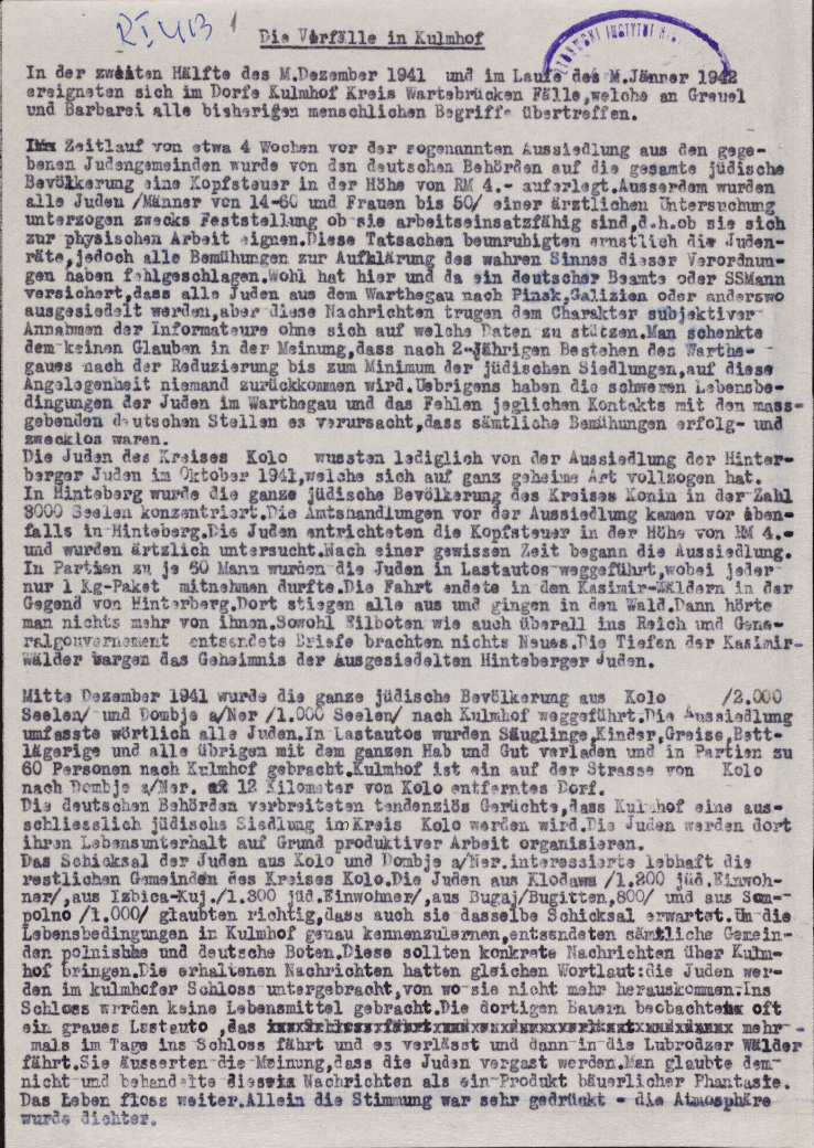 Report "The Incidents in Kulmhof" of April 1942 by Hersz Wasser on Chelmno Extermination camp