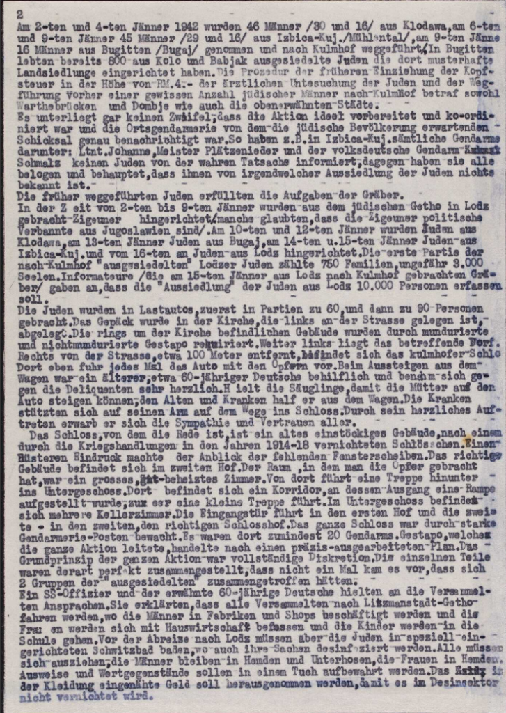 Report "The Incidents in Kulmhof" of April 1942 by Hersz Wasser on Chelmno Extermination camp