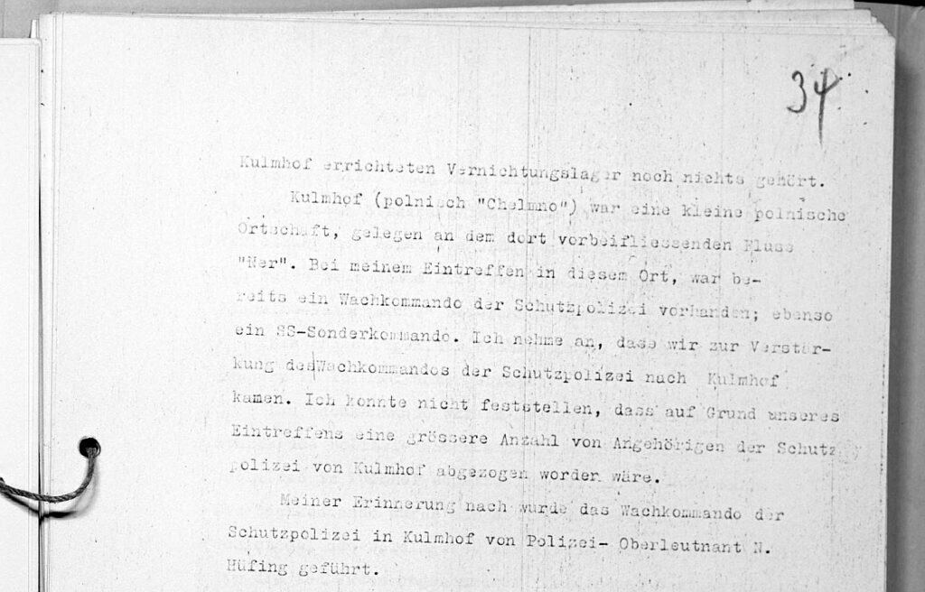 Interrogation protocol of Josef Peham, dated December 12, 1962, on his experiences in Kulmhof (Chelmno) extermination camp.