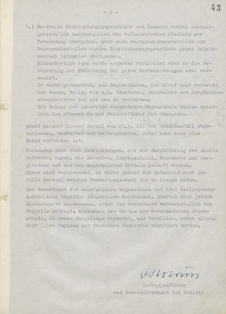 Report of 5 January 1944 by Globocnik to Himmler on Administration of Operation Reinhardt