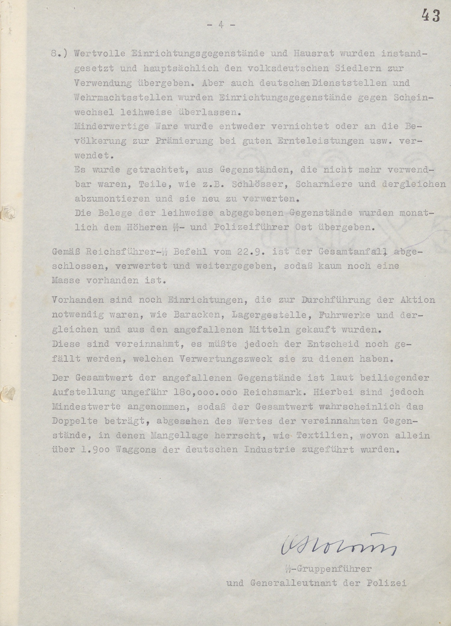 Report of 5 January 1944 by Globocnik to Himmler on Administration of Operation Reinhardt