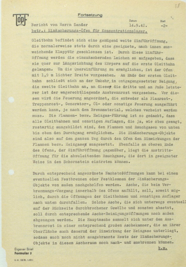 Report by Fritz Sander of September 14, 1942 on “high demand for cremation ovens” for Auschwitz, where “multiple corpses must be packed into the muffle simultaneously”