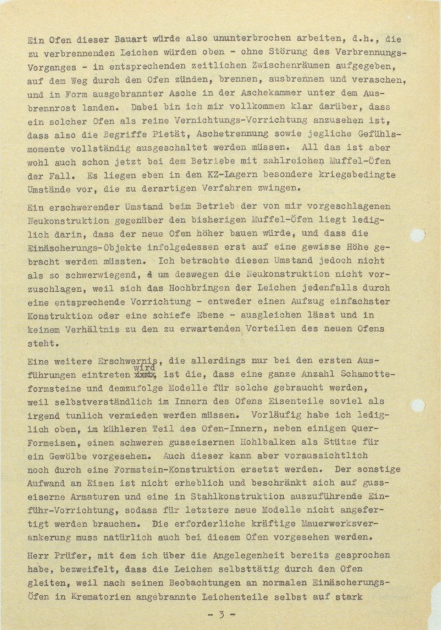 Report by Fritz Sander of September 14, 1942 on “high demand for cremation ovens” for Auschwitz, where “multiple corpses must be packed into the muffle simultaneously”