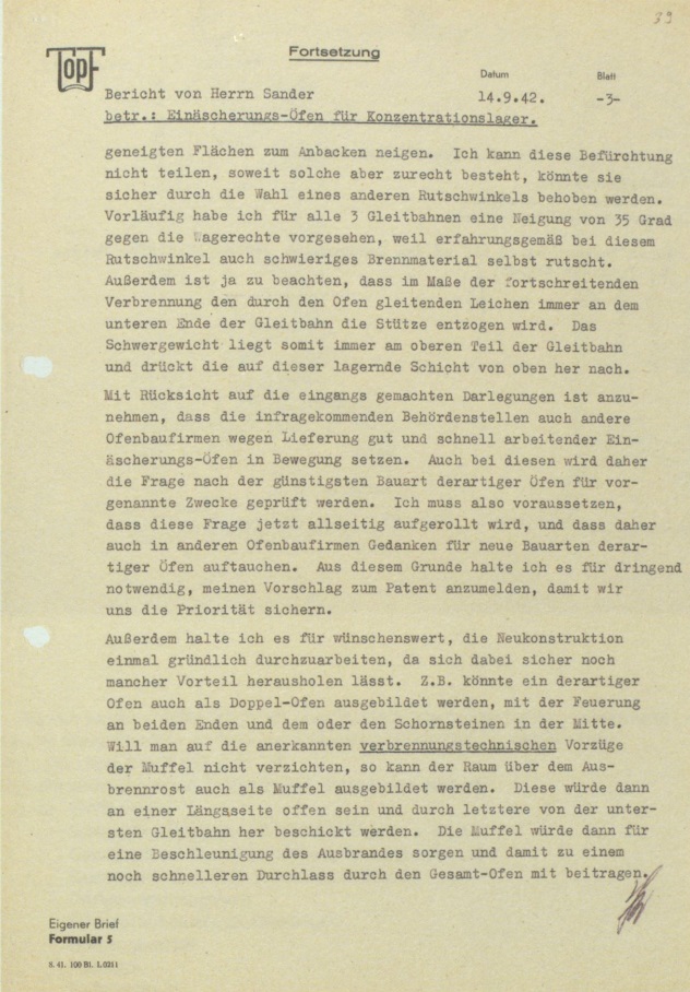 Report by Fritz Sander of September 14, 1942 on “high demand for cremation ovens” for Auschwitz, where “multiple corpses must be packed into the muffle simultaneously”