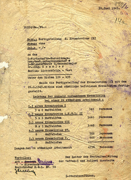 Memo from Janisch June 28, 1943 on Auschwitz Cremation Capacity