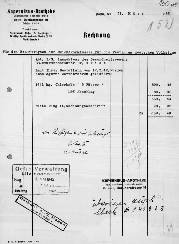 Invoice by Kopernikus Pharmacy dated 31 March 1942 for 5 barrels chlorinated lime