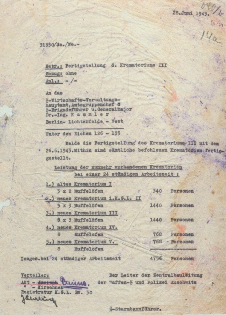 Memo from Janisch June 28, 1943 on Auschwitz Cremation Capacity