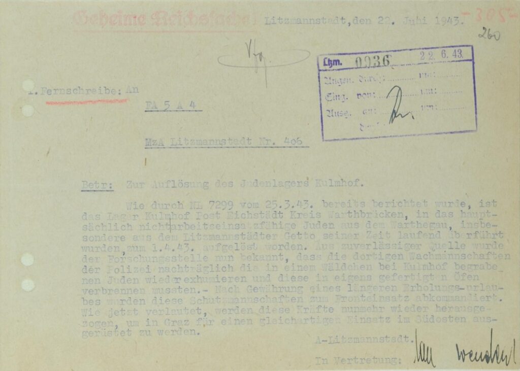 Report of June 22, 1943 on Unfit Jews, Exhumation and Cremation at Kulmhof (Chełmno)