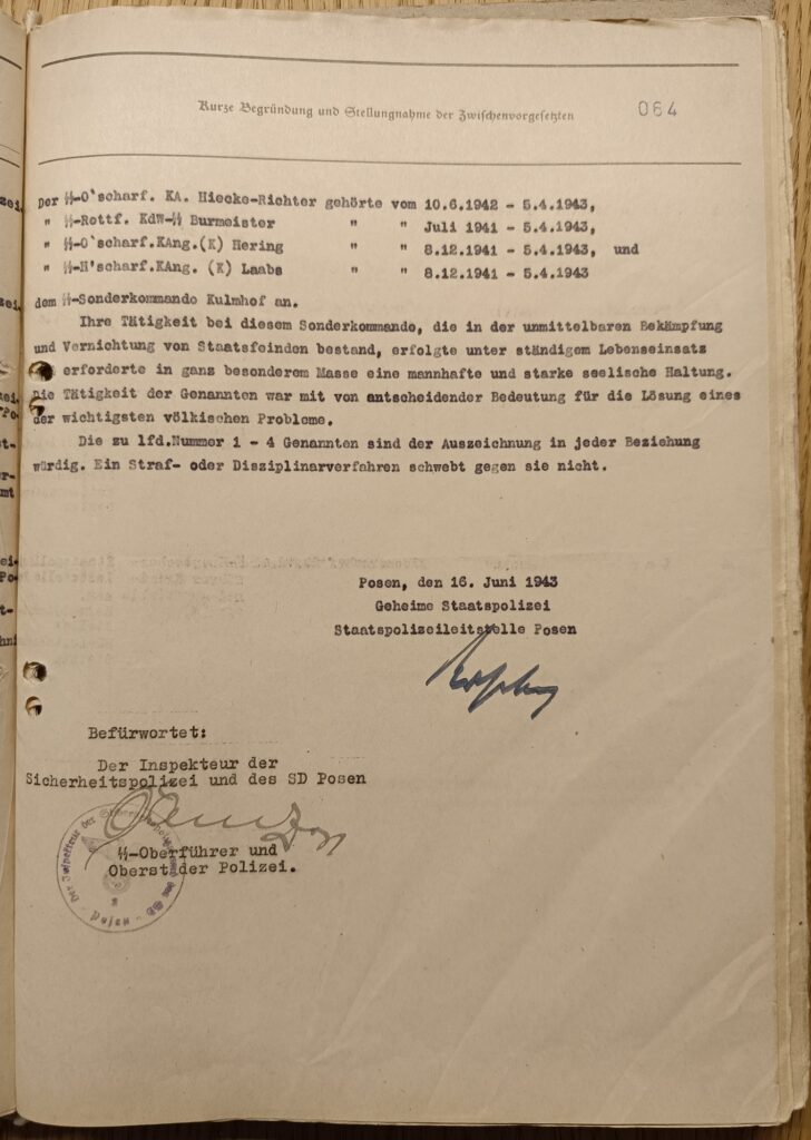 Proposal list dated June 16,1943 on Chełmno Extermination Camp