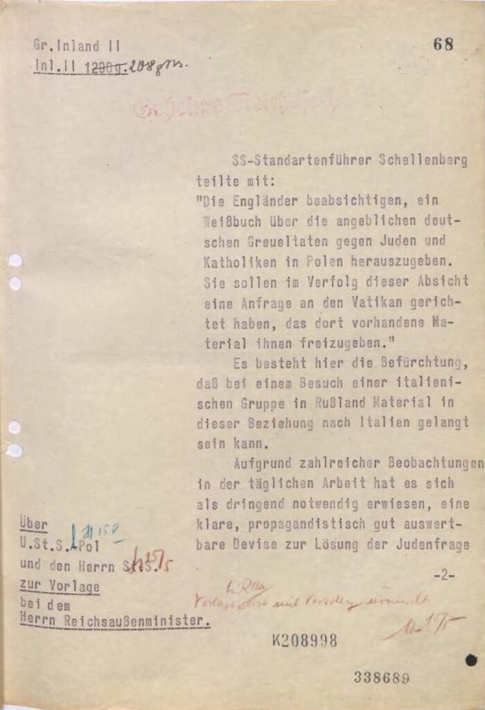 Report of May 14, 1943 on Nazi Fears of Vatican Leak