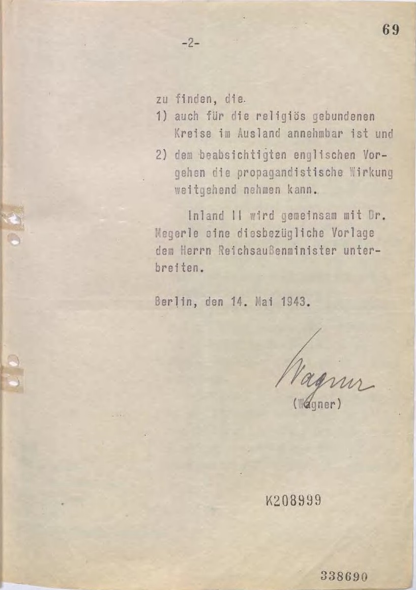 Report of May 14, 1943 on Nazi Fears of Vatican Leak
