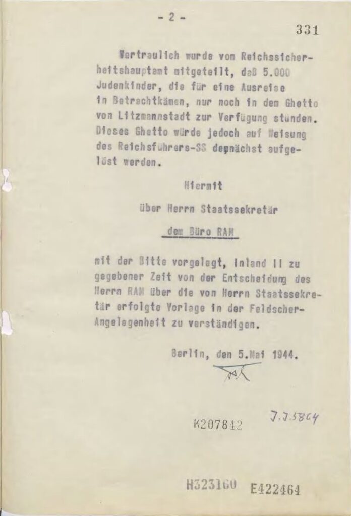 Record of May 5, 1944 on Feldscher Aktion