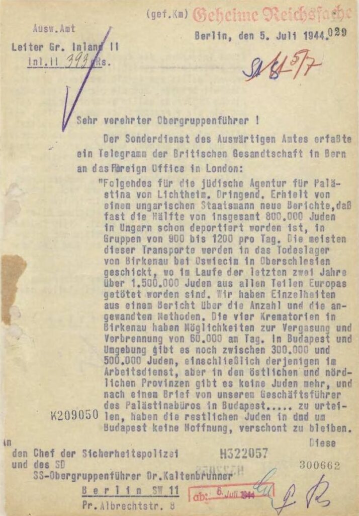 intercepted British messages on Hungarian Jews deportations of Letter of July 5, 1944