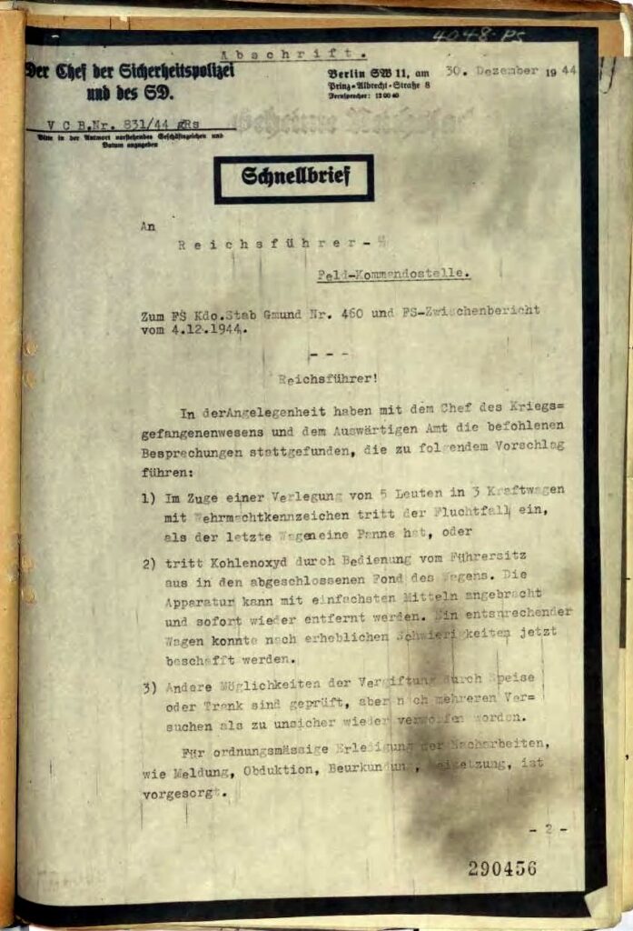 D5 - Letter of 30 December 1944 on Kaltenbrunner's proposal to Himmler to kill with carbon monoxide