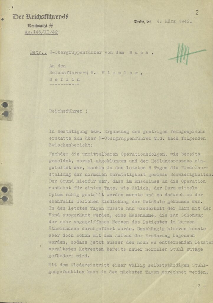 Letter of March 4, 1942 on SS-Obergruppenführer von dem Bach "Suffers from Thoughts of the Executions of Jews He Himself Oversaw"