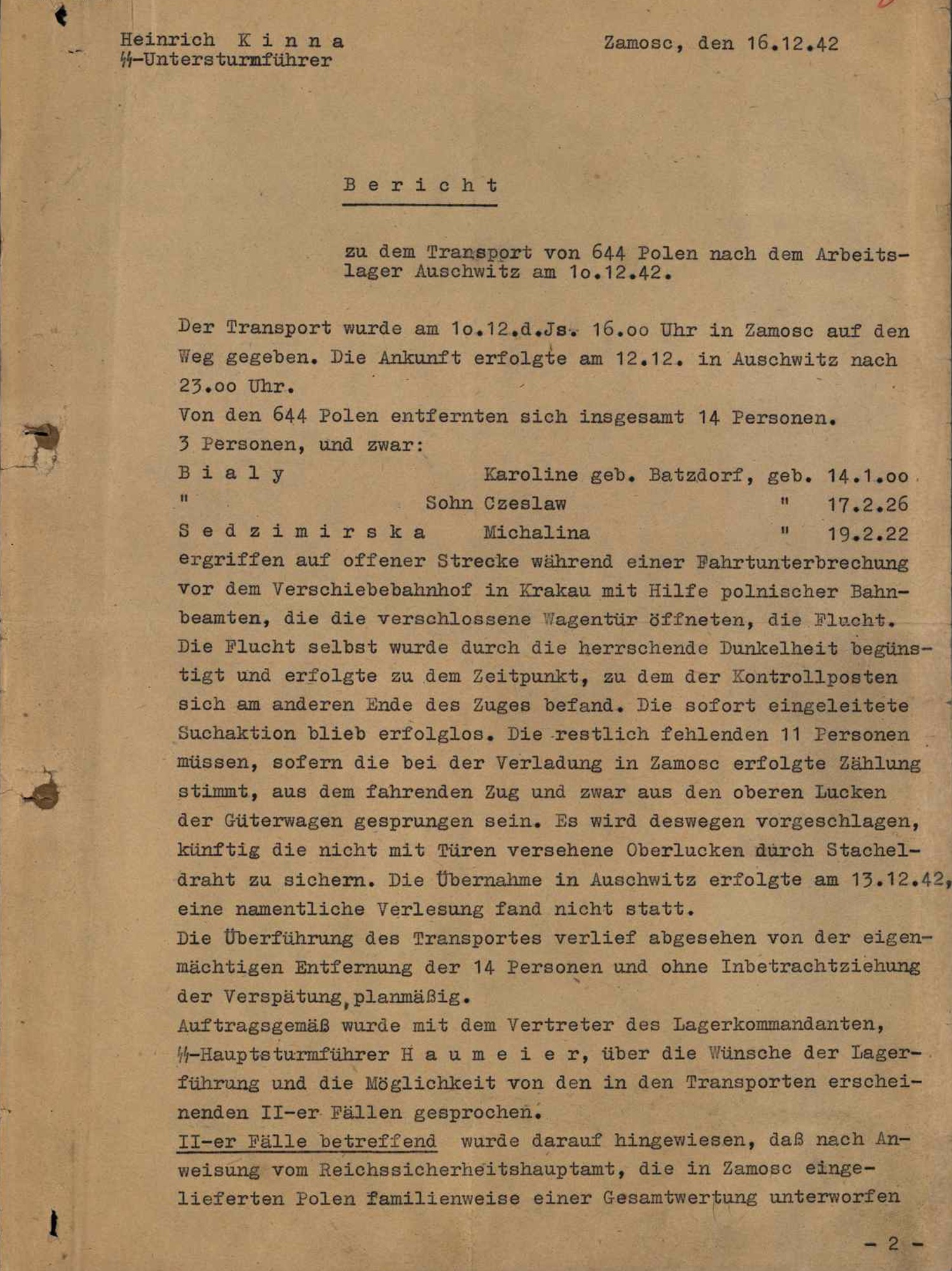 Kinna Report of December 16, 1942 on Auschwitz