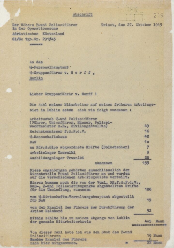 Odilo Globocnik’s October 1943 Personnel Report - 92 menassigned "from the Führer’s Chancellery for the execution of Aktion Reinhard"