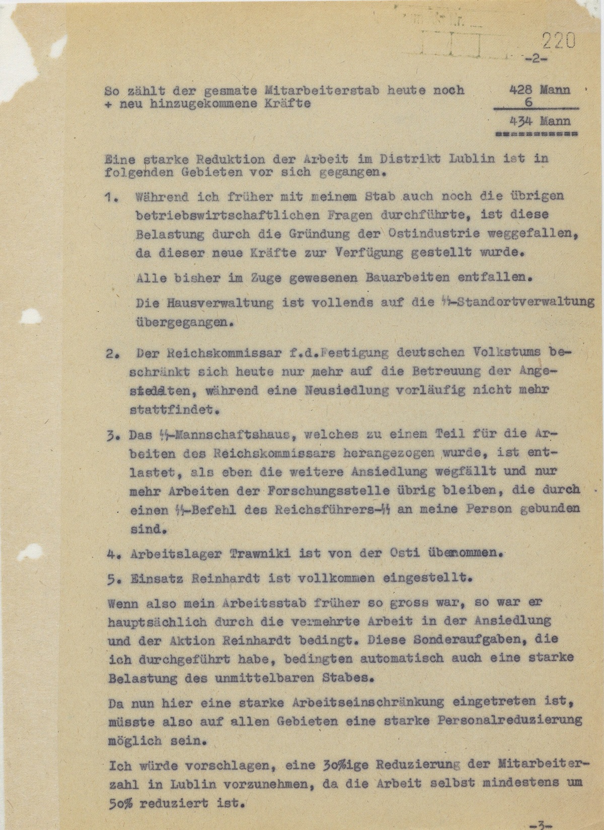 Odilo Globocnik’s October 1943 Personnel Report - 92 menassigned "from the Führer’s Chancellery for the execution of Aktion Reinhard"