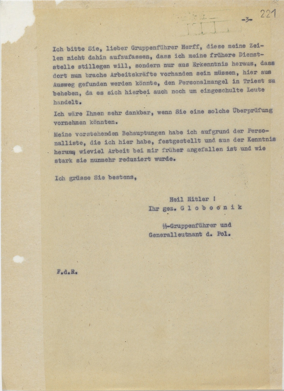 Odilo Globocnik’s October 1943 Personnel Report - 92 menassigned "from the Führer’s Chancellery for the execution of Aktion Reinhard"