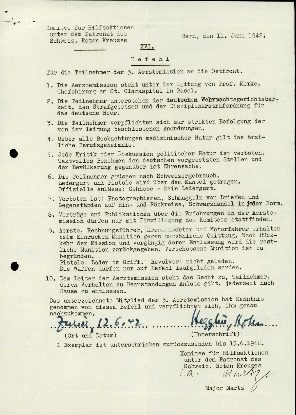 Declaration of Commitment by Hegglin for Participation in the 3rd Medical Mission to the Eastern Front, dated 11 June 1942