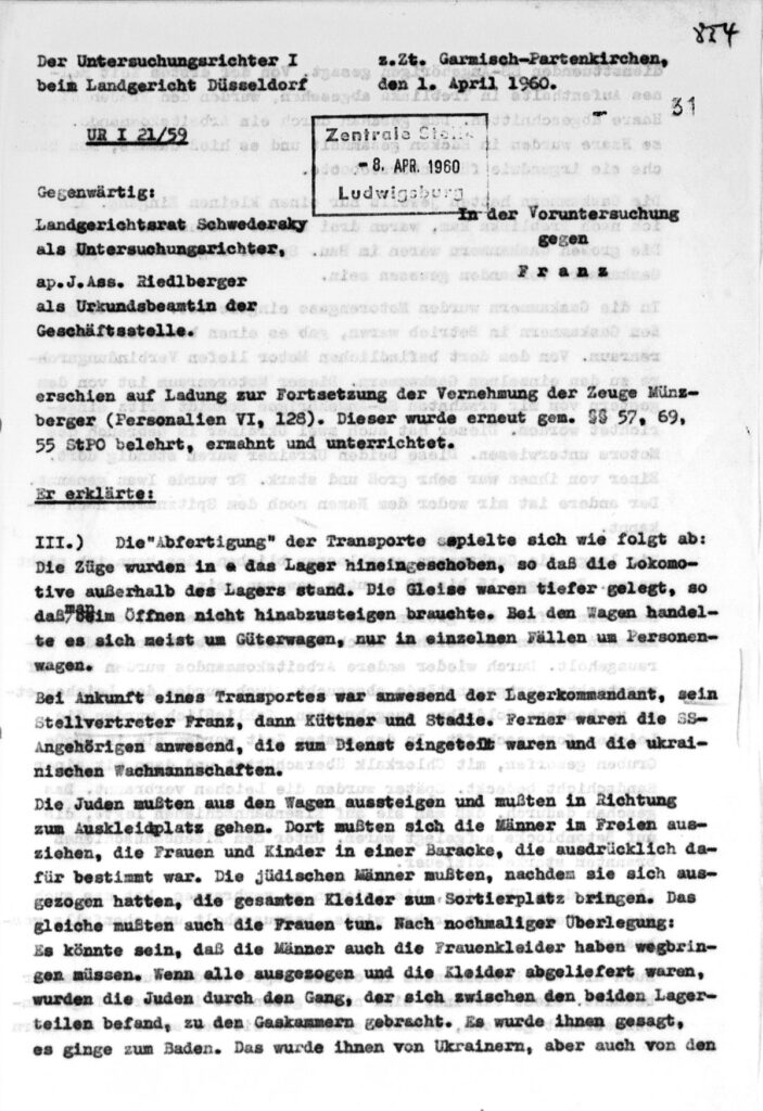 1st page of interrogation transcript dated April 1, 1960 on Treblinka Extermination Camp