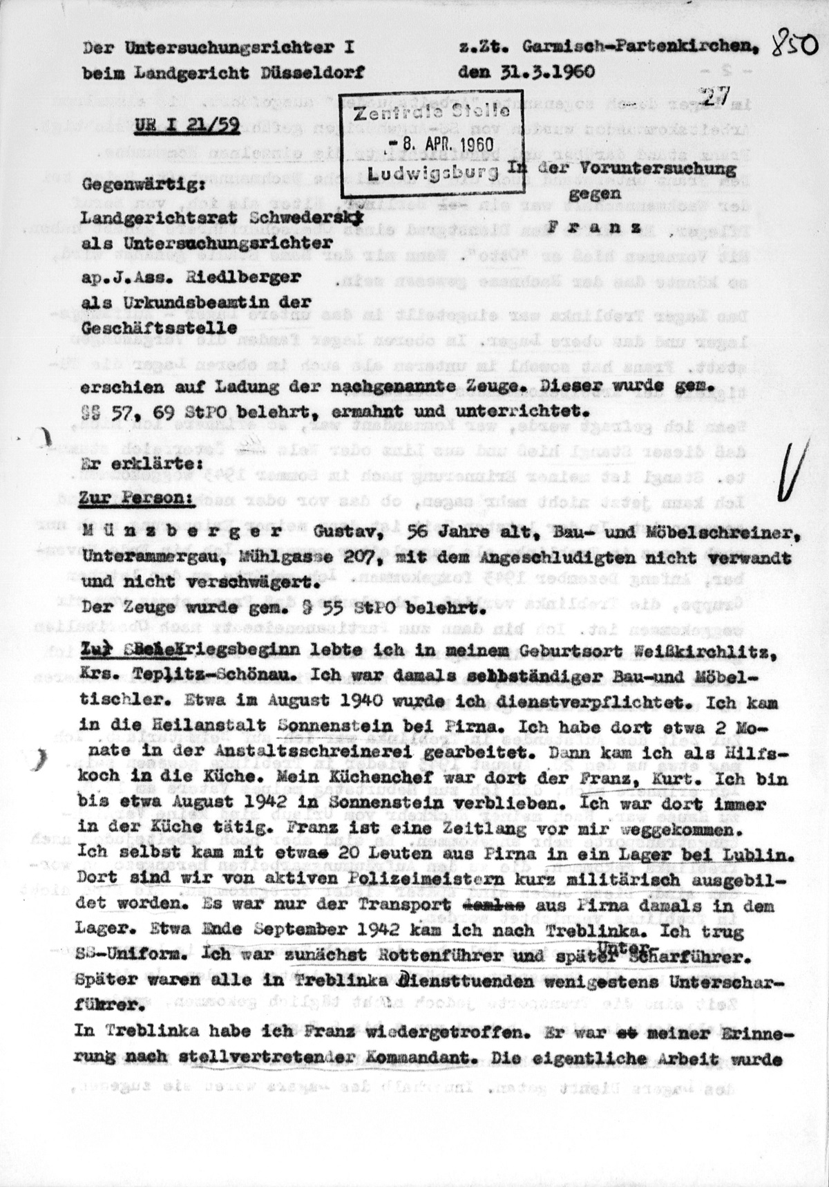 1st page of interrogation transcript dated March 31, 1960 of Gustav Münzerberg on Treblinka extermination camp