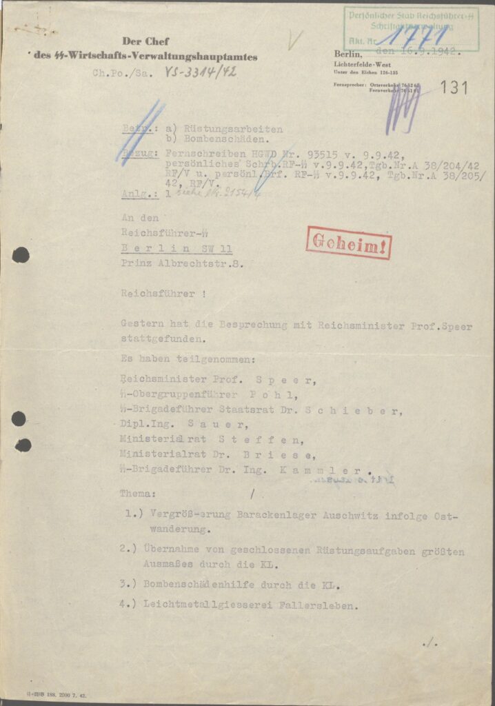 Letter dated September 16, 1942 from Oswald Pohl to Heinrich Himmler on Auschwitz