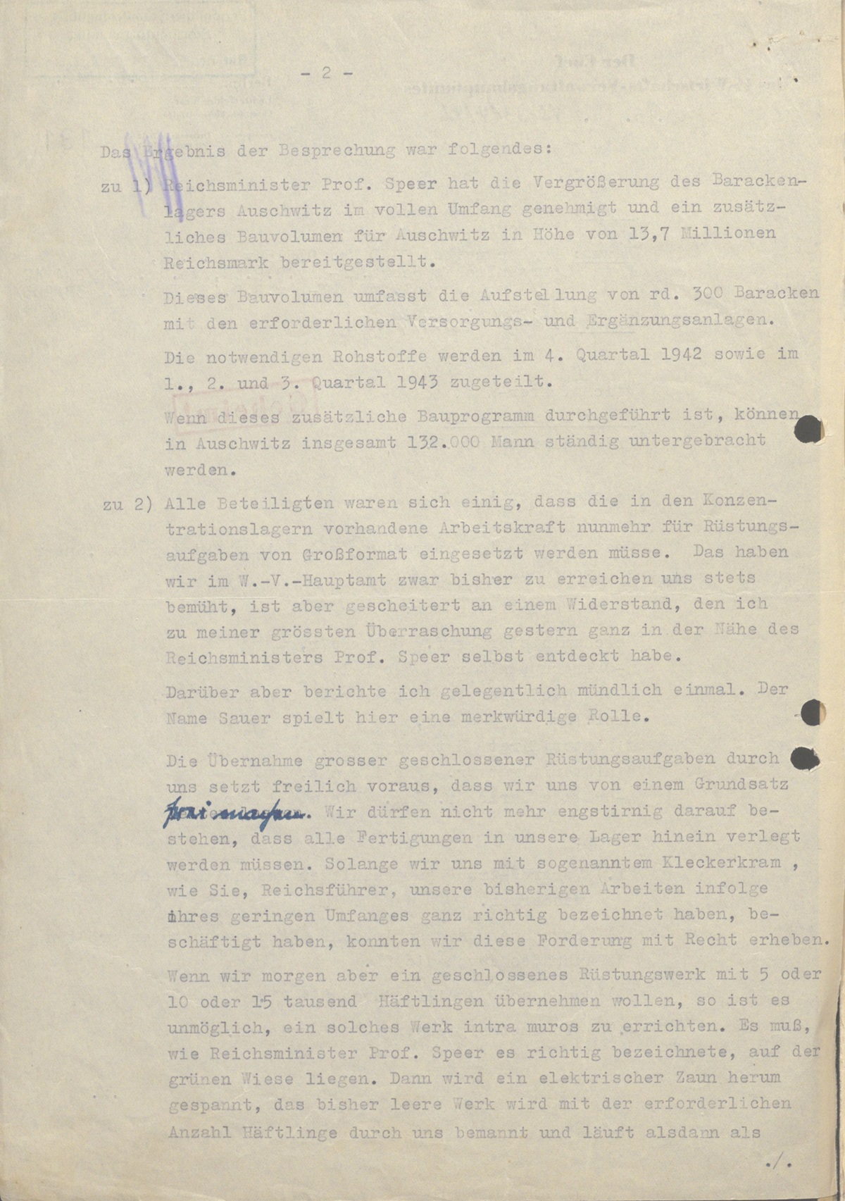 Letter dated September 16, 1942 from Oswald Pohl to Heinrich Himmler on Auschwitz 