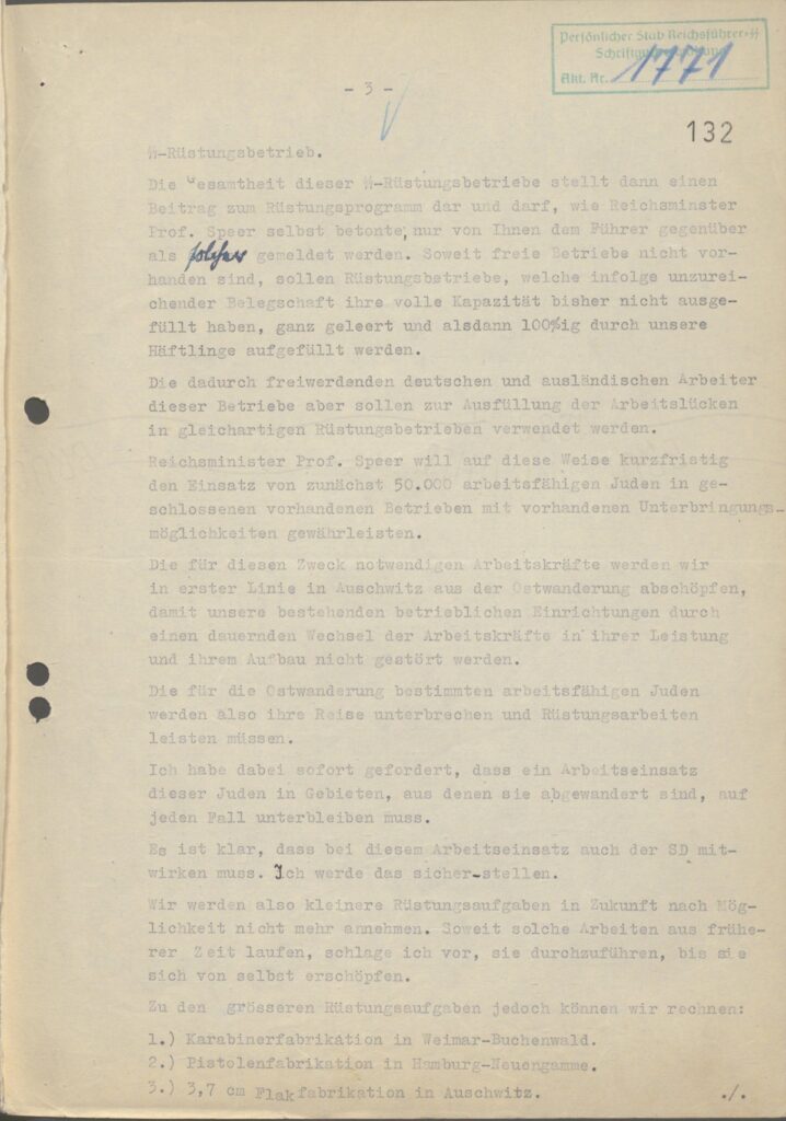 Letter dated September 16, 1942 from Oswald Pohl to Heinrich Himmler on Auschwitz