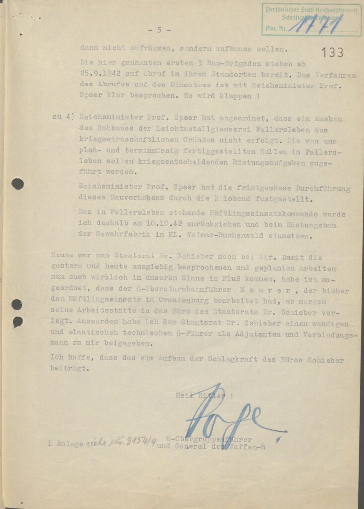 Letter dated September 16, 1942 from Oswald Pohl to Heinrich Himmler on Auschwitz