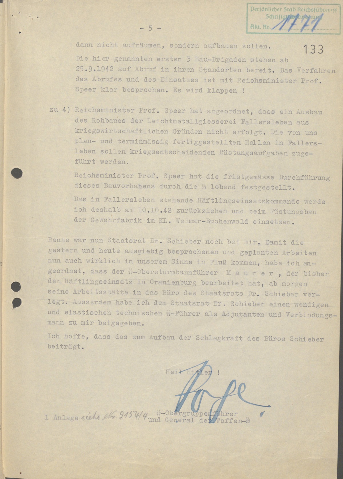 Letter dated September 16, 1942 from Oswald Pohl to Heinrich Himmler on Auschwitz 
