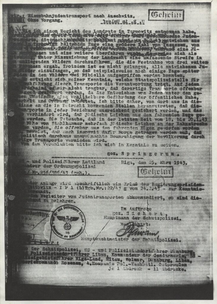 Decree of February 24, 1943 by Springorum on Jewish Deportation Trains to Auschwitz
