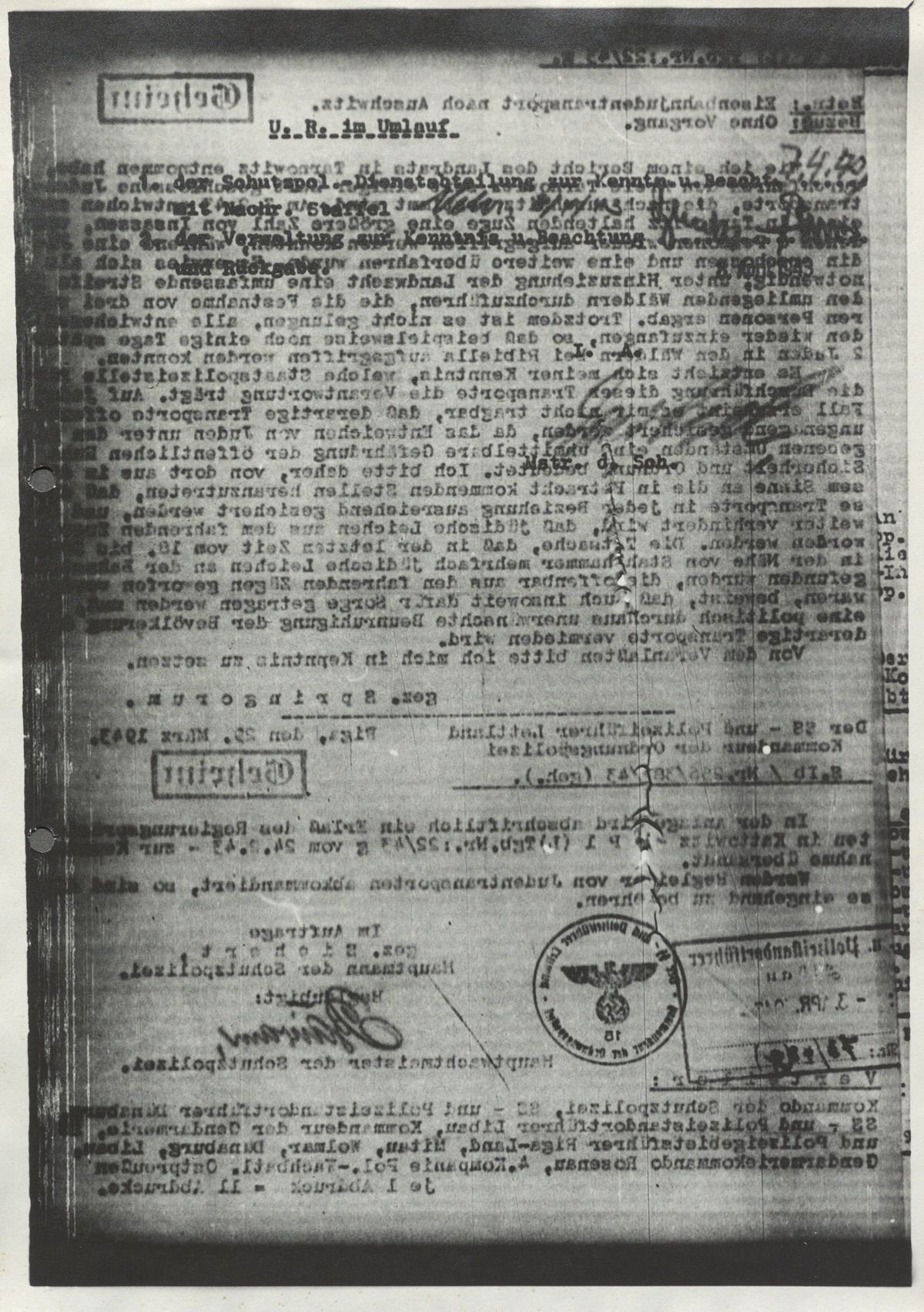 Decree of February 24, 1943 by Springorum on Jewish Deportation Trains to Auschwitz