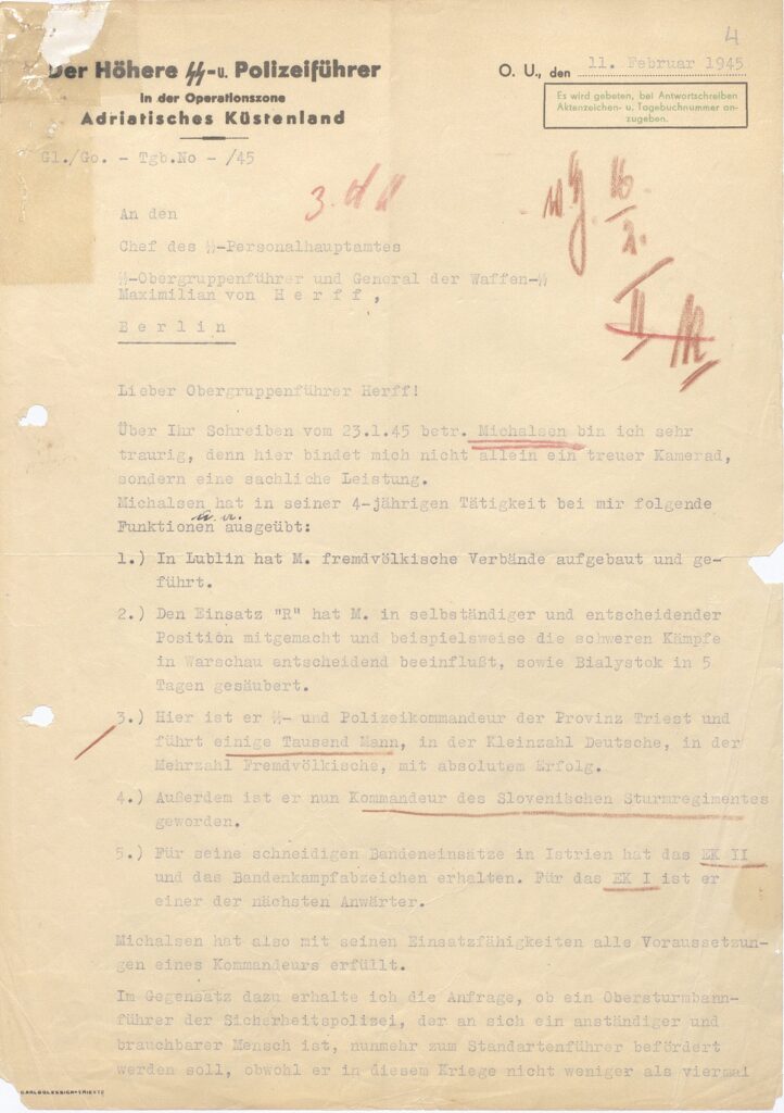 Letter dated February 11, 1945 by Odilo Globocnik on Einsatz Reinhard