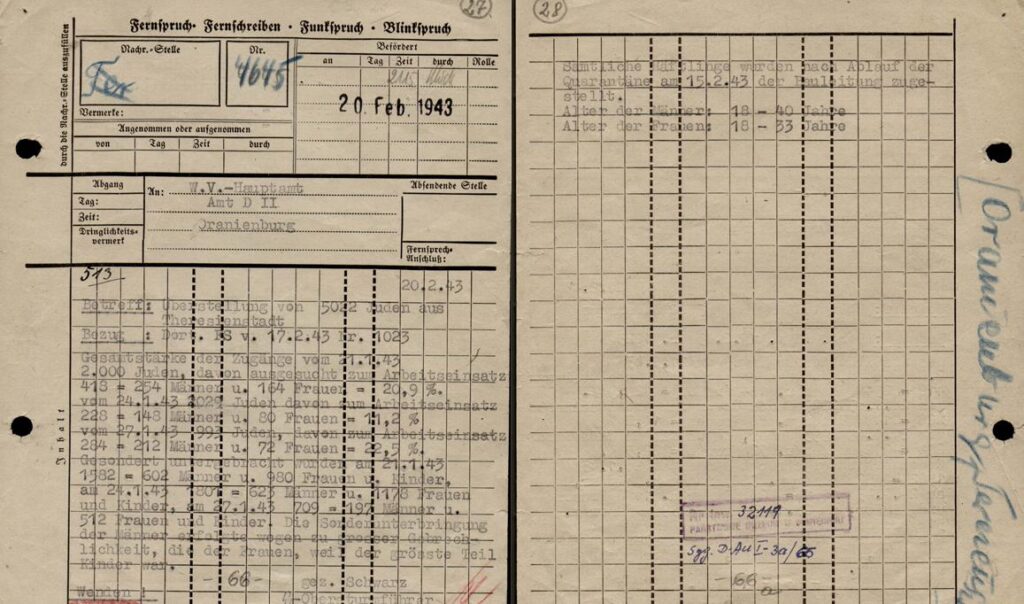 Telex dated February 20, 1943 on Selection of unfit Jews in Auschwitz, Transport from Theresienstadt