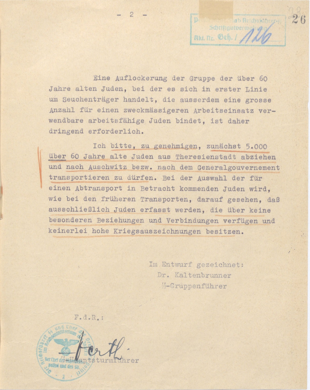 Letter dated February 1943 from Kaltenbrunner to Himmler on deportation of elderly Jews from Theresienstadt to Auschwitz