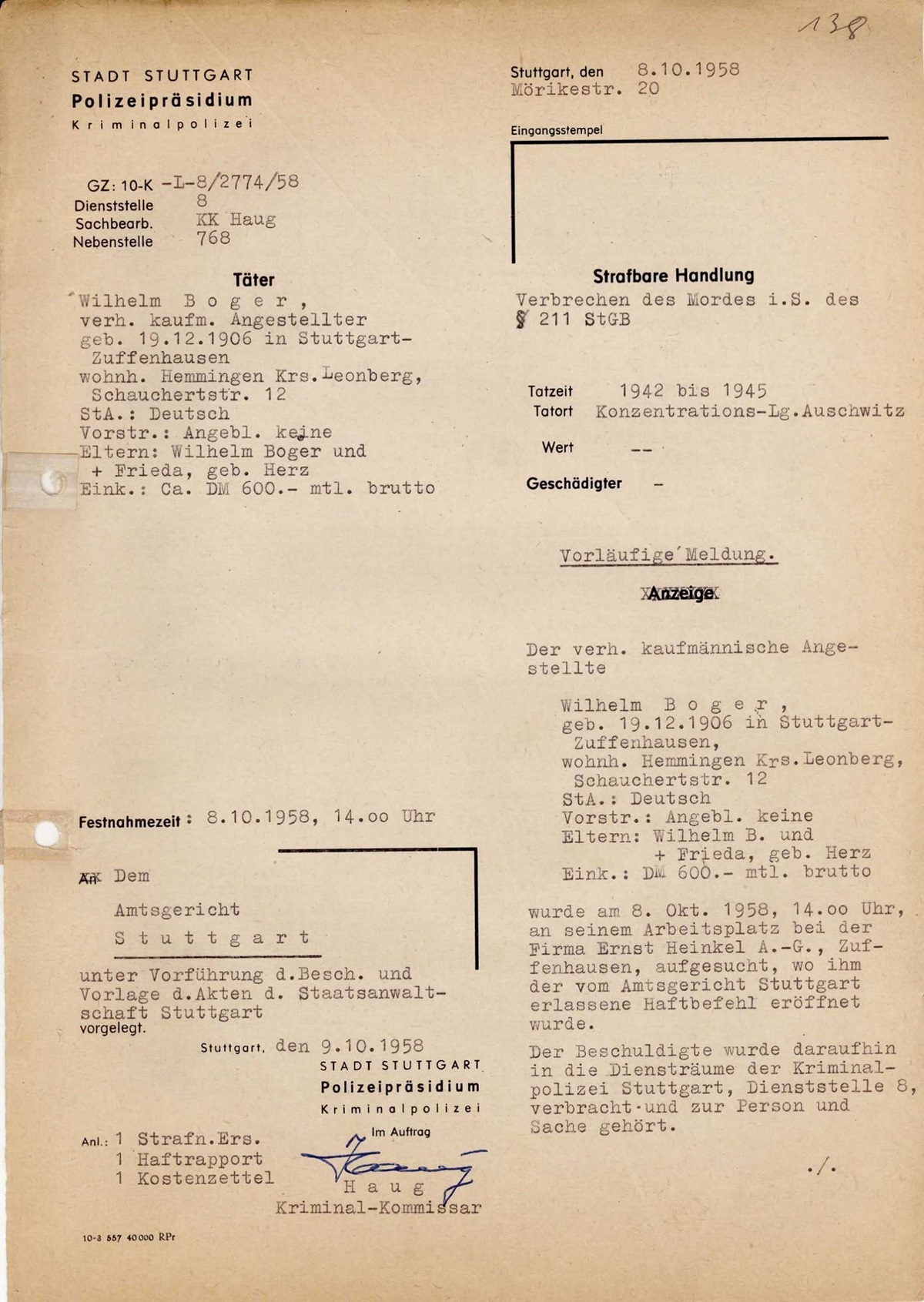Interrogation of Wilhelm Boger on Auschwitz dated October 8, 1958