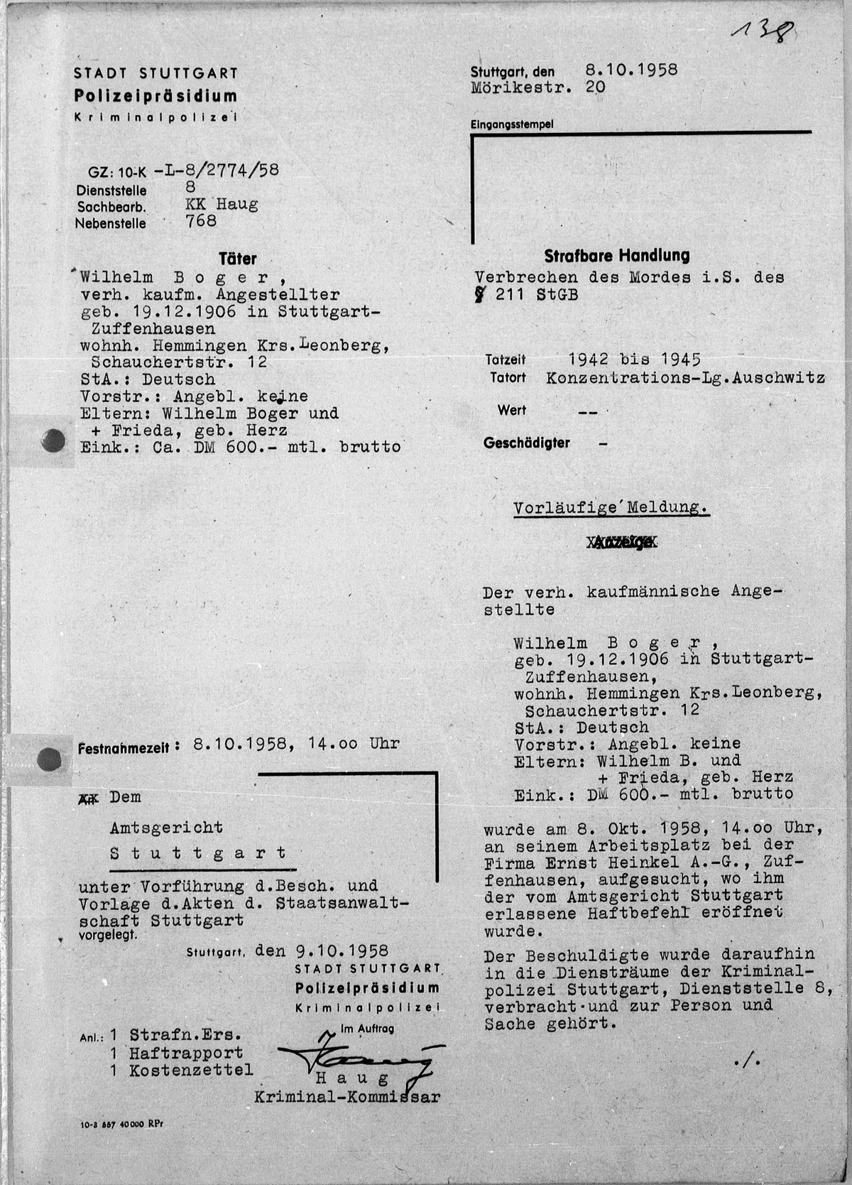 Interrogation of Wilhelm Boger on Auschwitz dated October 8, 1958