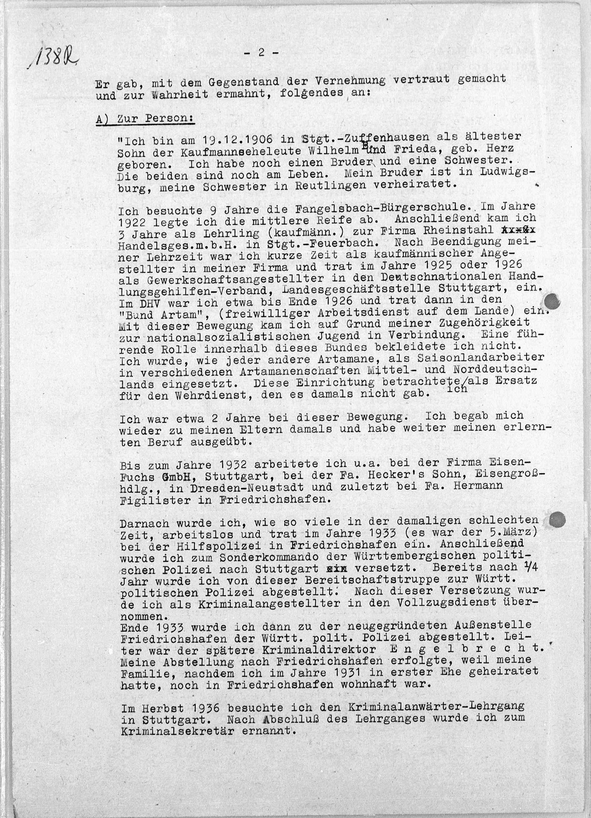 Interrogation of Wilhelm Boger on Auschwitz dated October 8, 1958