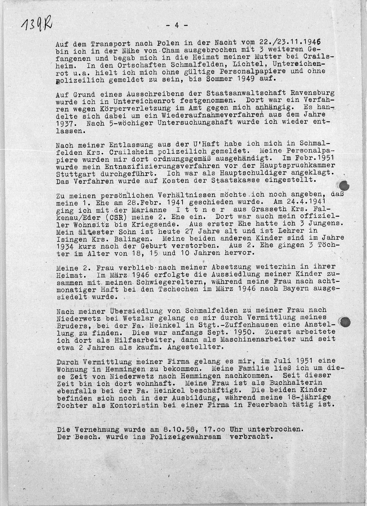 Interrogation of Wilhelm Boger on Auschwitz dated October 8, 1958