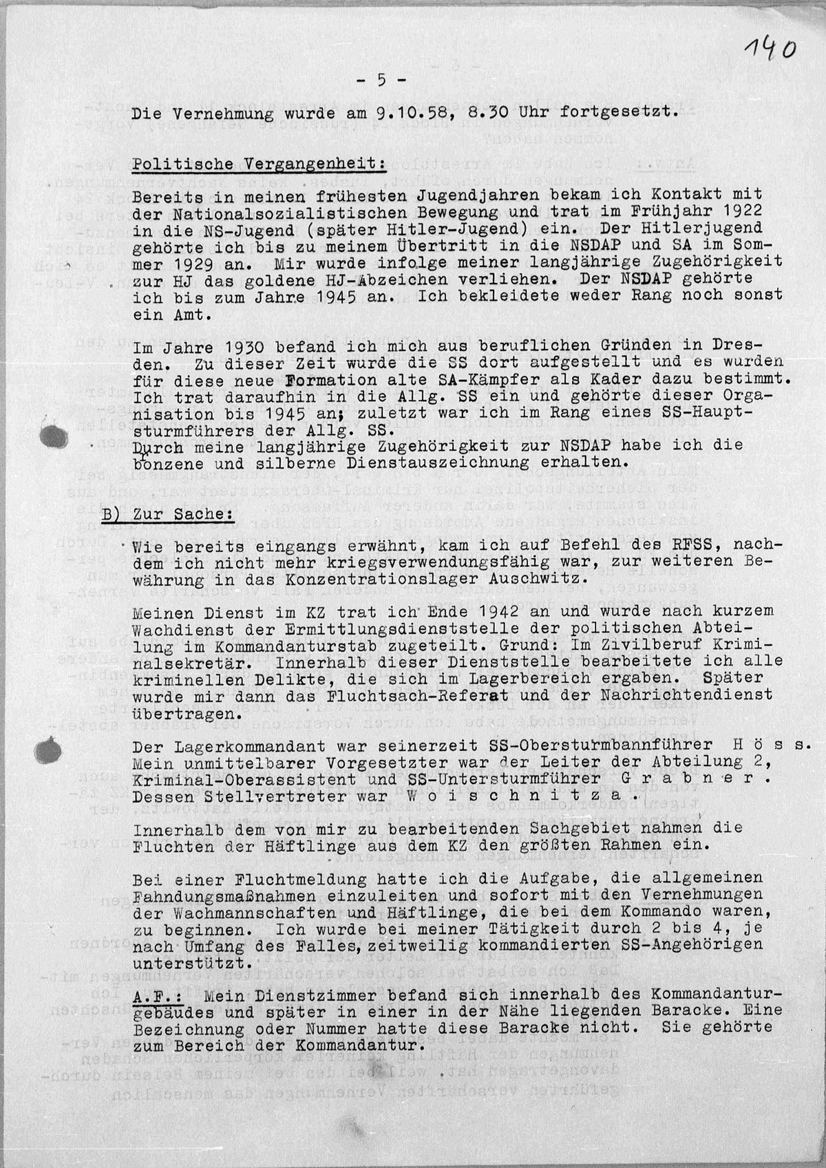 Interrogation of Wilhelm Boger on Auschwitz dated October 8, 1958