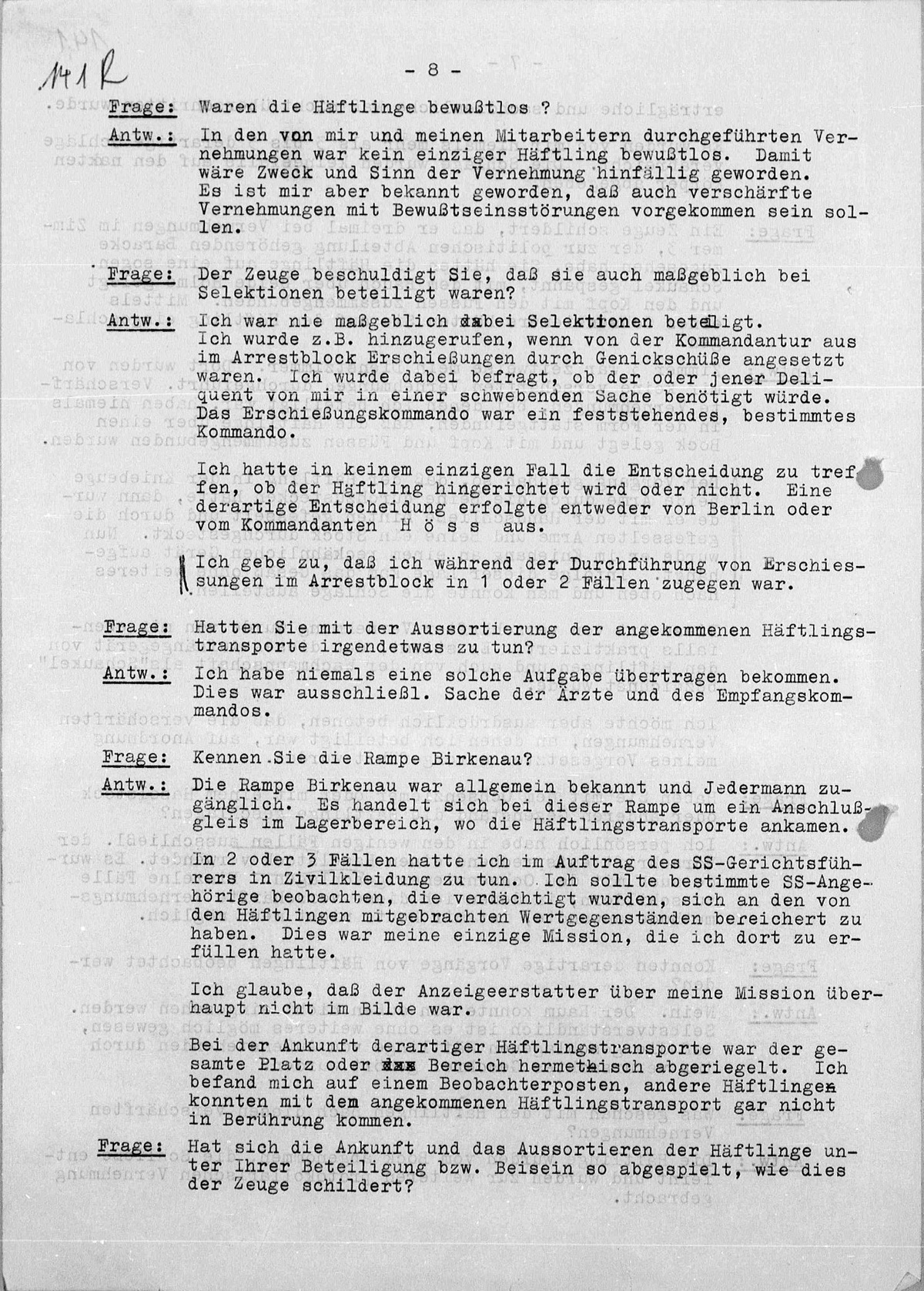 Interrogation of Wilhelm Boger on Auschwitz dated October 8, 1958